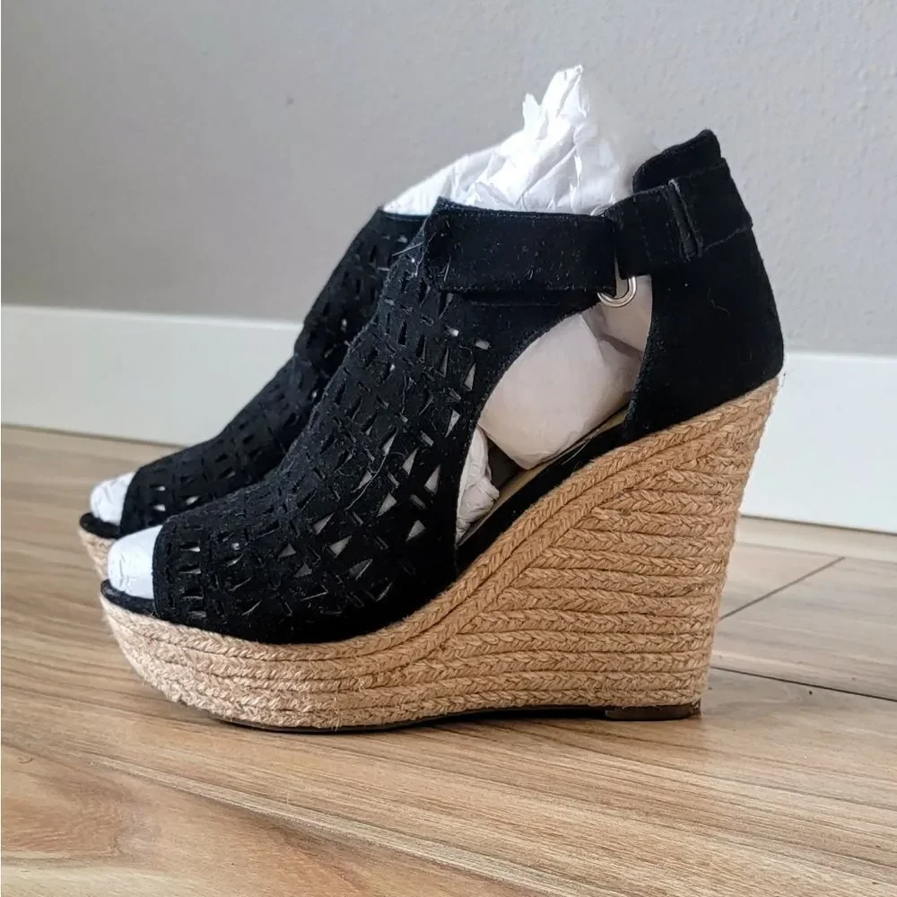 Marc Fisher Helina Platform Laser Cutout Suede Peep Toe Espadrille Wedge Black